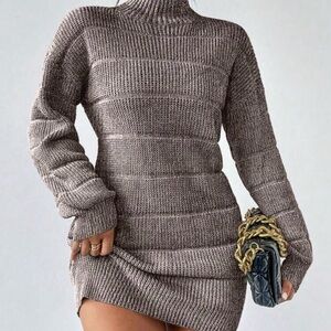 Chunky Ribbed Turtleneck Sweater Dress in Taupe